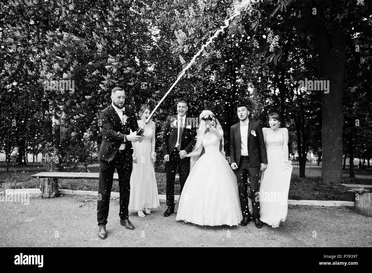 Groomsman opening up the bottle of champagne in the park with wedding couple and braidsmaids with groomsman standing by. Black and white photo. Stock Photo
