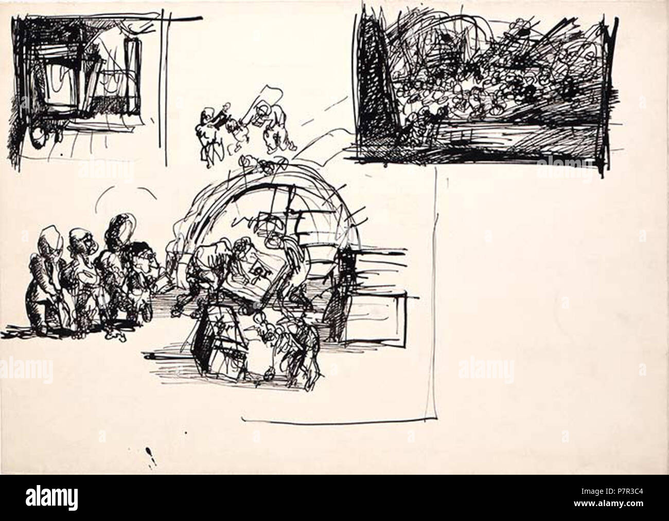 N/A. N/A 373 Three sketches- Inside a Barracks - Carrying Away the Corpses - Clearing the Sudeten Barracks Stock Photo