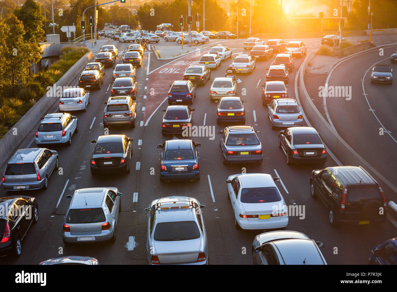 Cars stuck in traffic at an intersection Stock Photo