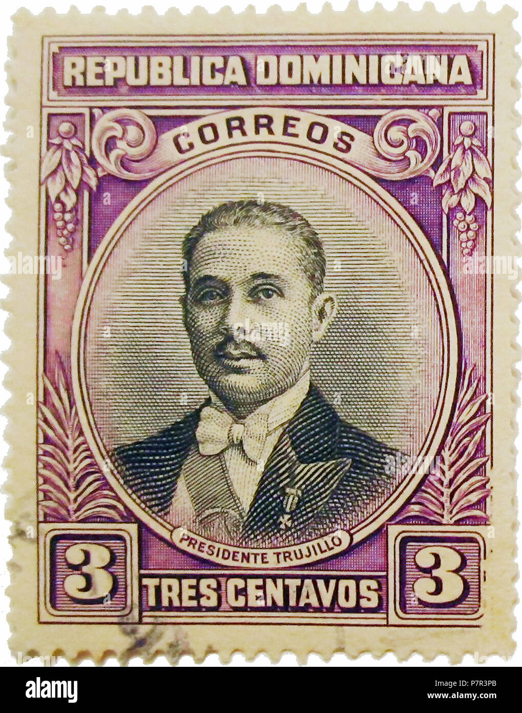 English: Dominican Republic stamp issued in 1933 on the occasion of President Rafael Trujillo's 42nd birthday. Another stamp showed Trujillo in military uniform. 10 September 2014, 22:48:25 325 Rafael Trujillo 1933 Stock Photo