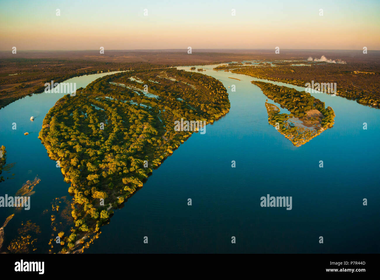 Aerial view of the Zambezi river with riverboats Stock Photo