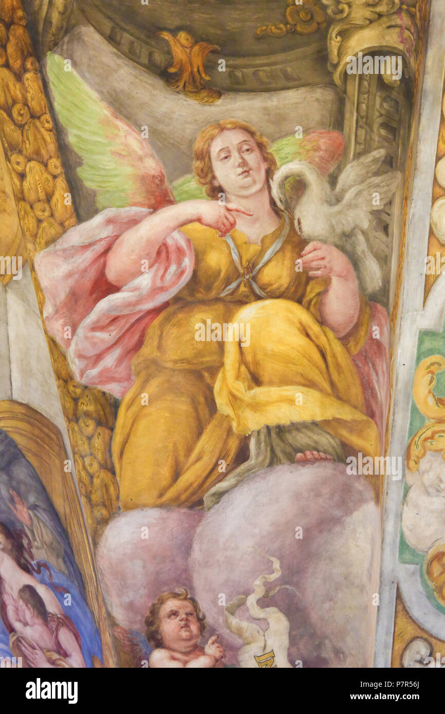 17th Century Fresco in the Church of Saint Nicholas and Saint Peter Martyr in Valencia, Spain, depicting an Angel and a Pelican wounding itself Stock Photo