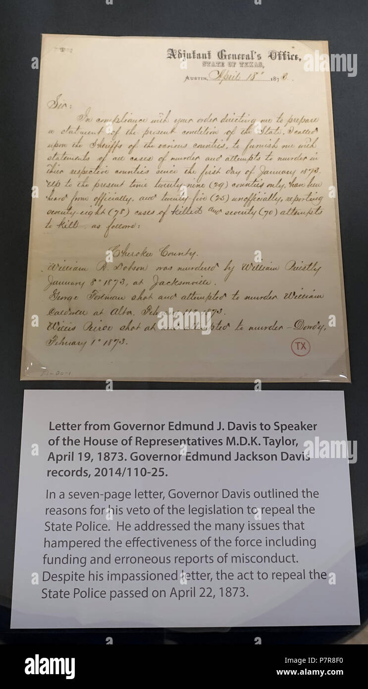 English: Exhibit in the Lorenzo de Zavala State Archives and Library Building - Austin, Texas, USA. 17 November 2015, 16:06:06 244 Letter from Gov. Edmund J. Davis to Speaker of the House M. D. K. Taylor, April 19, 1873 - Lorenzo de Zavala State Archives and Library Building - Austin, Texas - DSC08364 Stock Photo