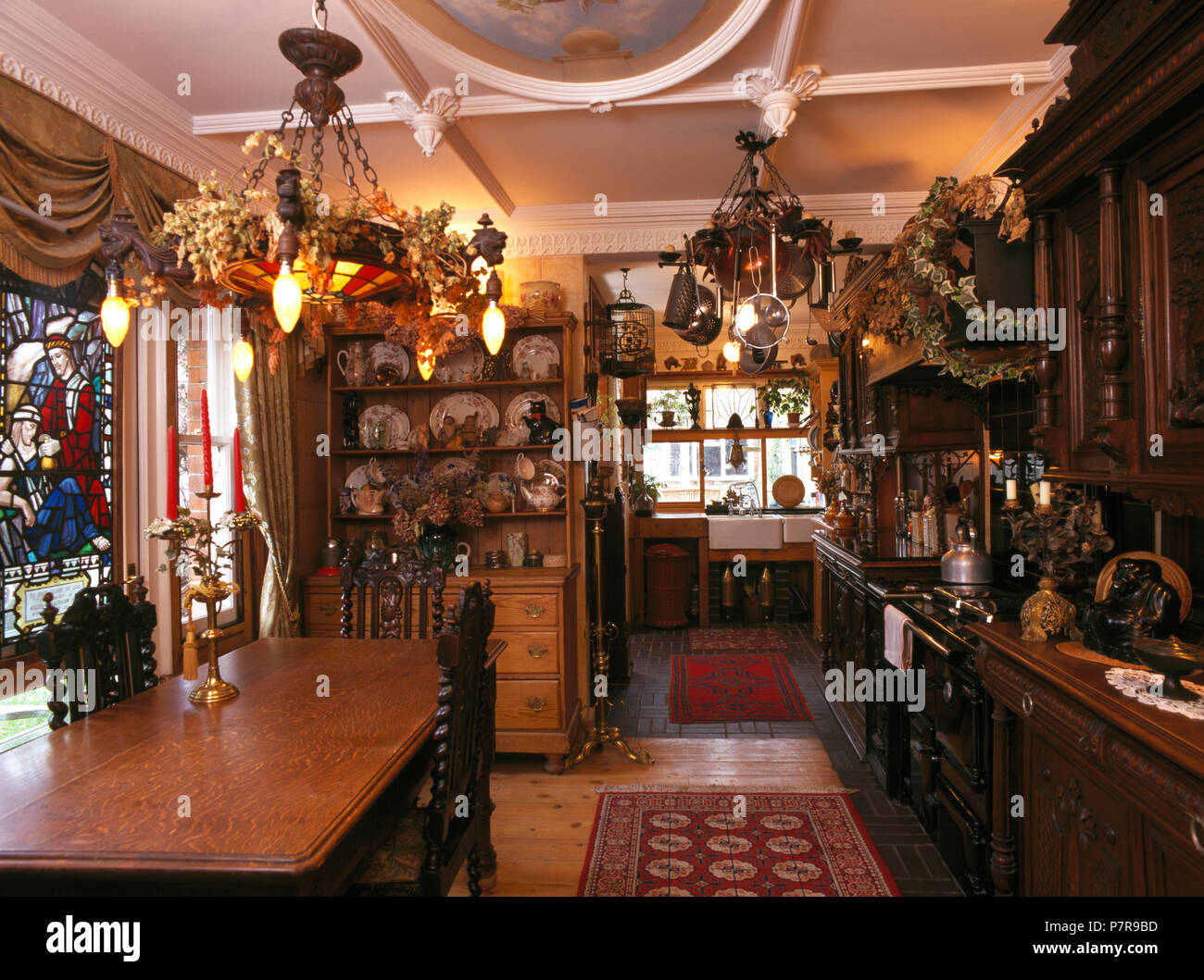Heavy wood furniture in old fashioned country dining room Stock Photo
