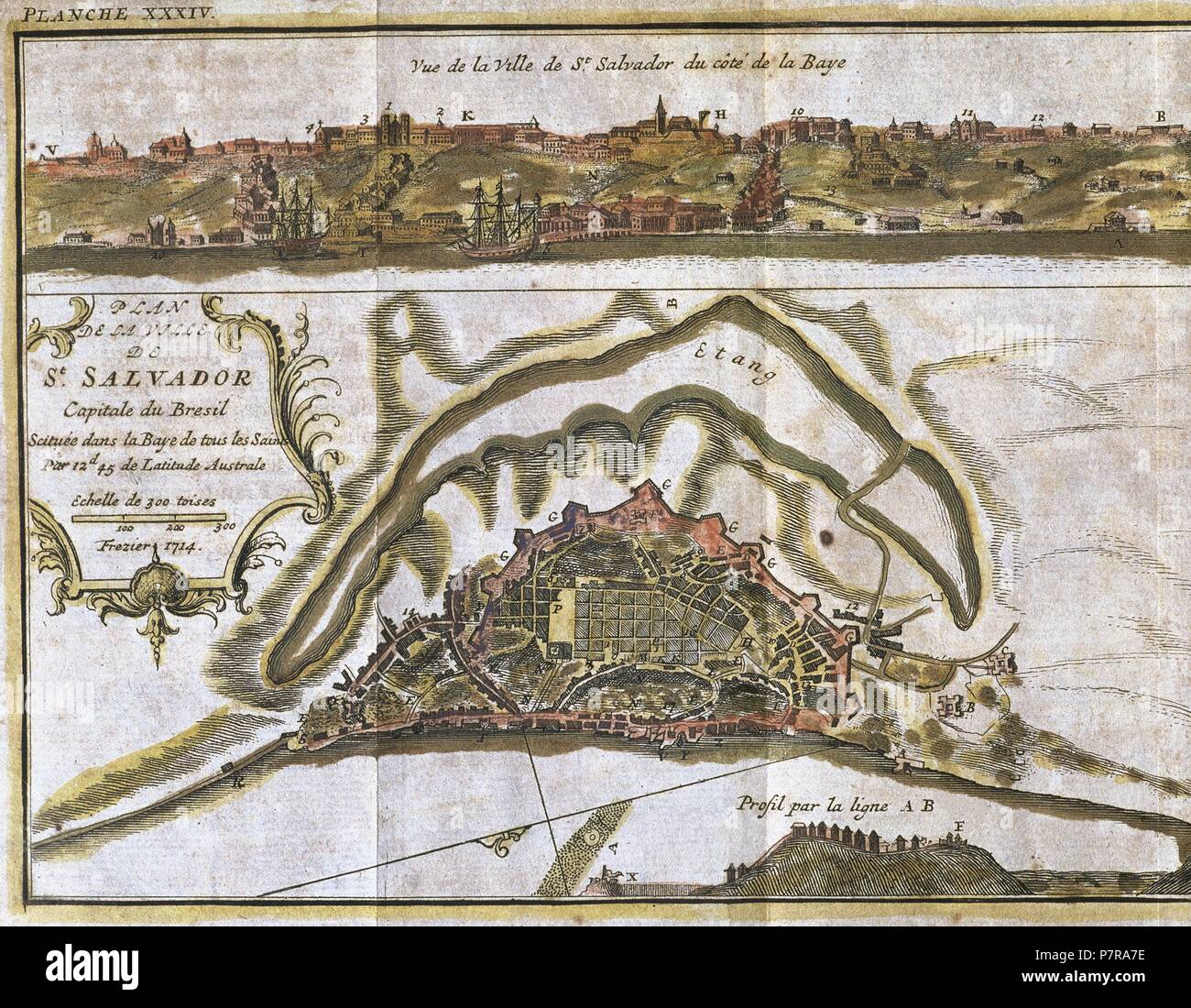 Brazil. San Salvador. The city in 1714. Map. Engraving. Stock Photo
