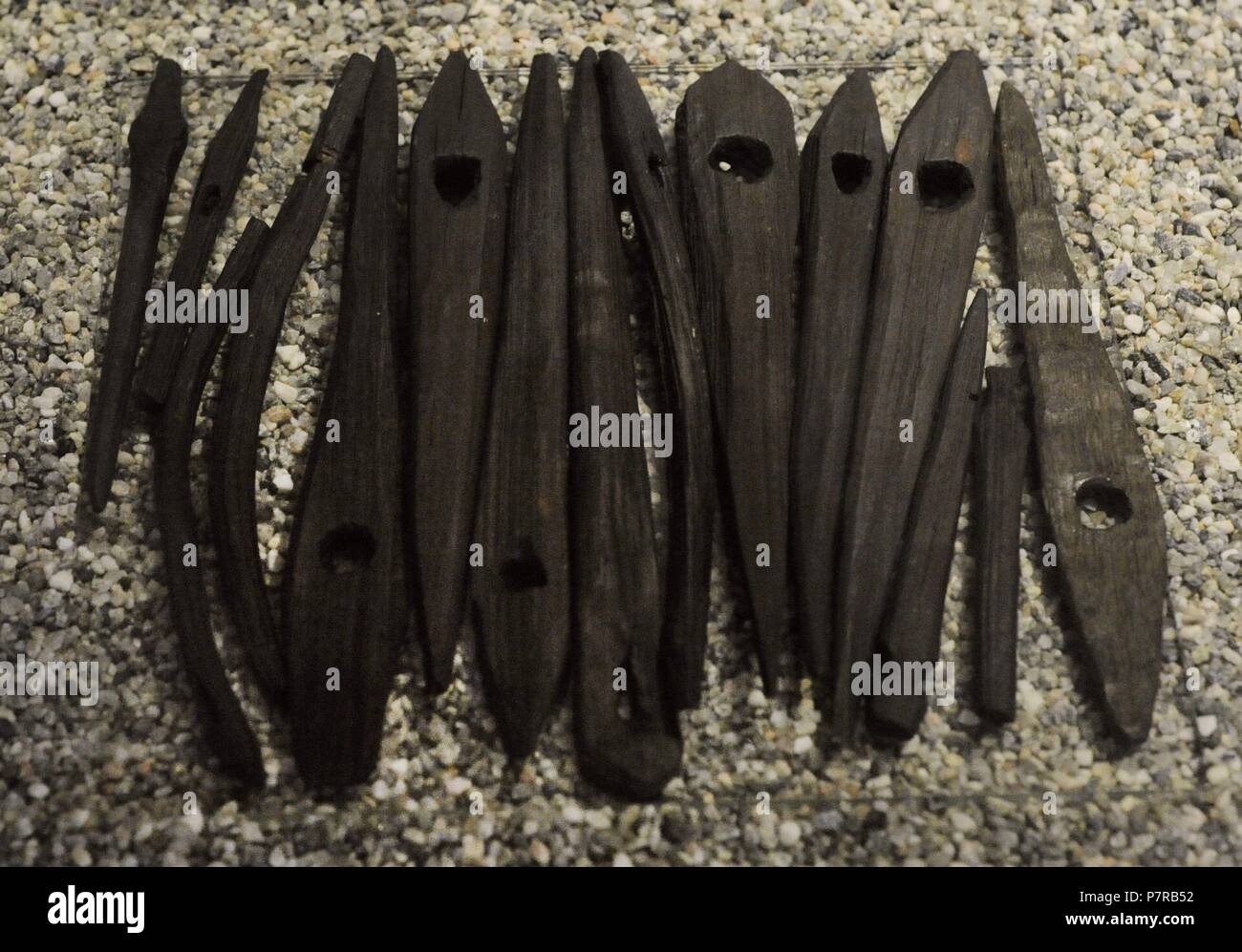 Wooden stakes for tents. Found in the Tomb of the Oseberg Ship. 9th century. Viking Ship Museum. Oslo. Norway. Stock Photo