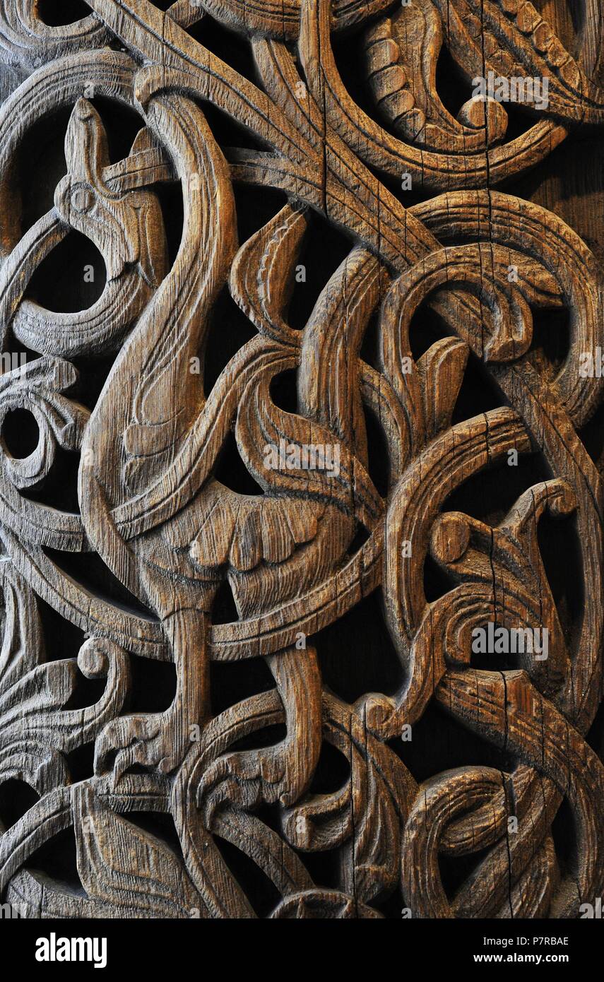 Norway. Sauland church, Hjartdal, Telemark. Stave church portal. Ca.1200. Carved in wood. Detail. Historical Museum. Oslo. Norway. Stock Photo
