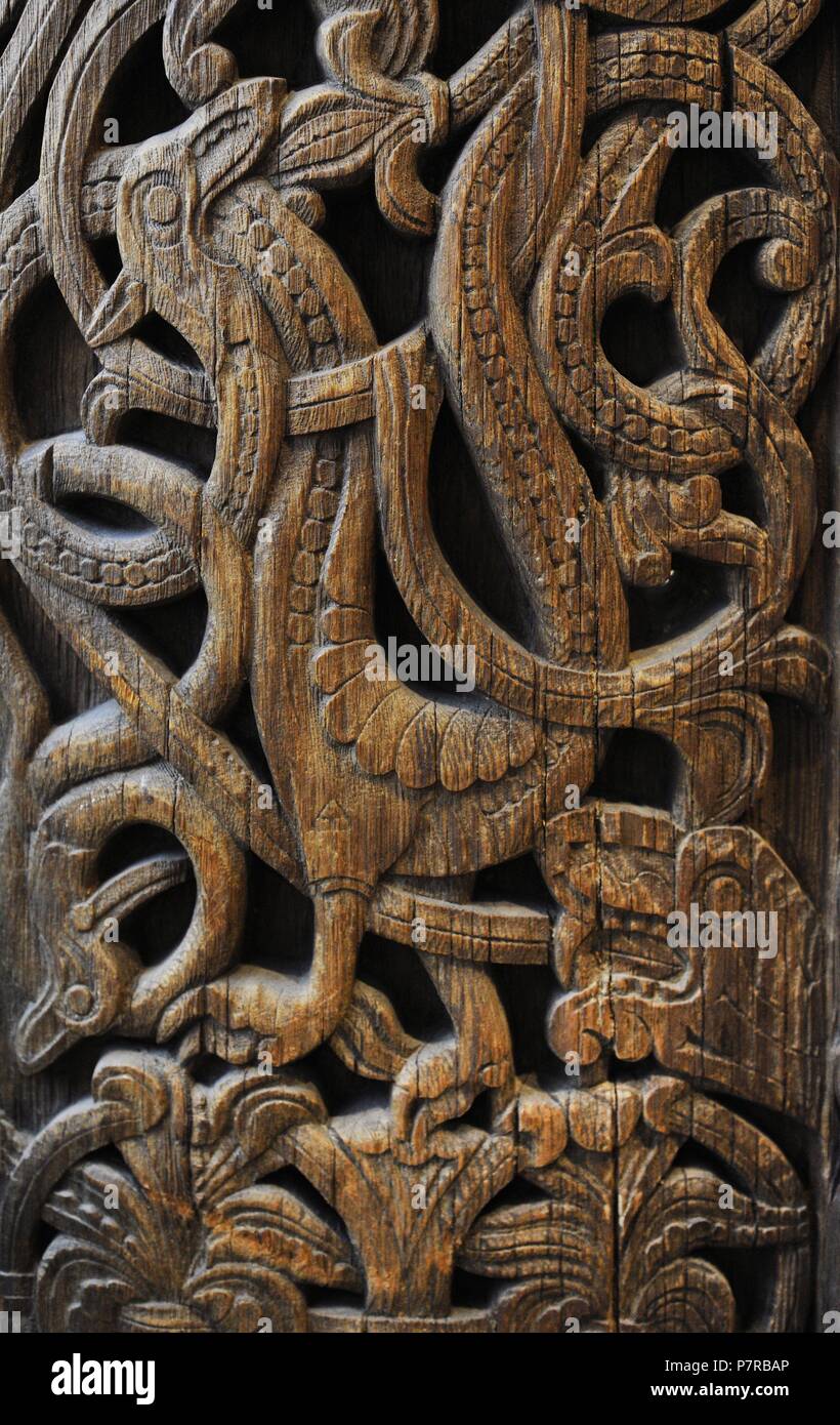 Norway. Sauland church, Hjartdal, Telemark. Stave church portal. Ca.1200. Carved in wood. Detail. Historical Museum. Oslo. Norway. Stock Photo