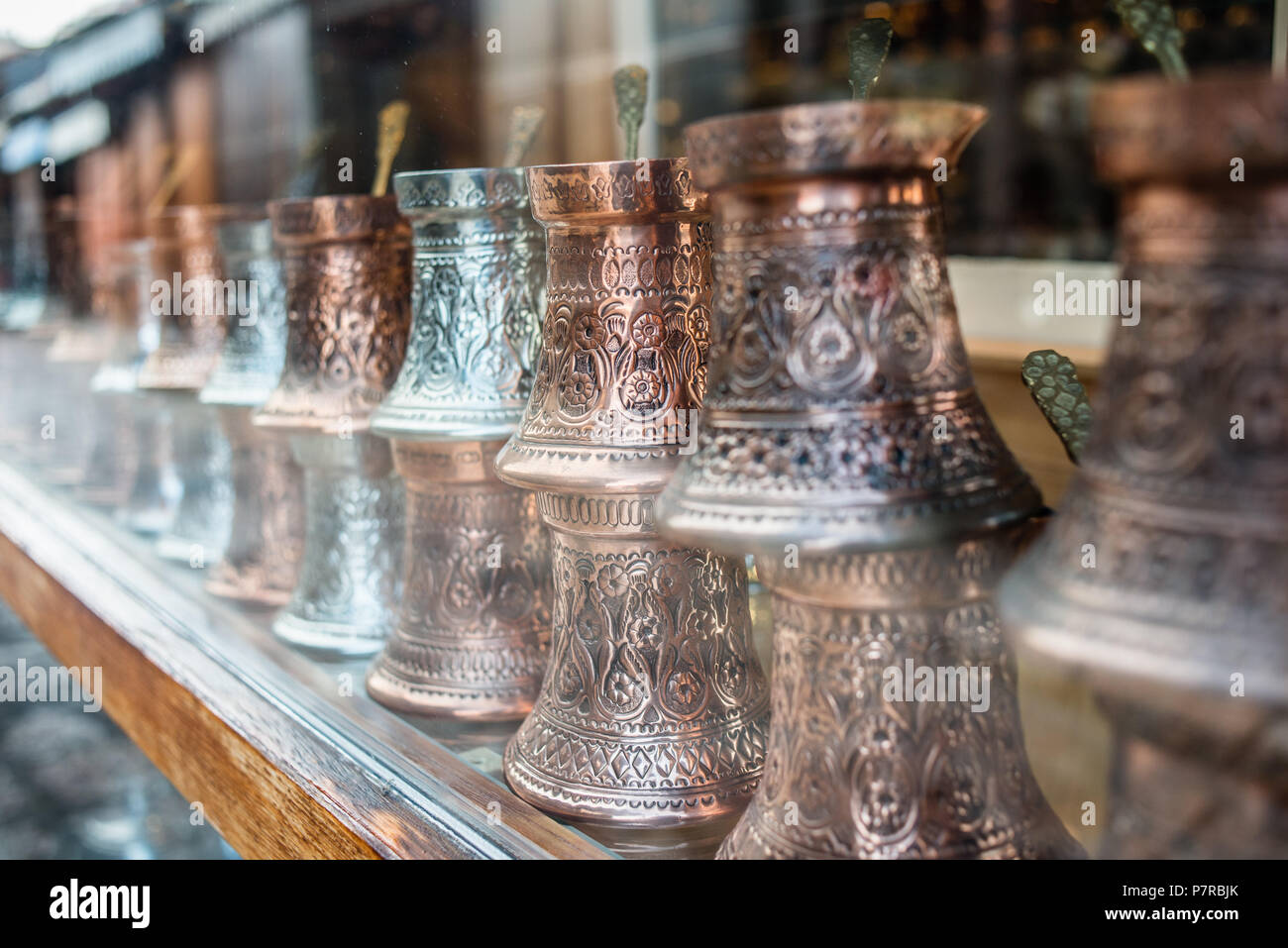 Traditional handcrafted copper coffee pots, Sarajevo, Bosnia and Herzegovina Stock Photo