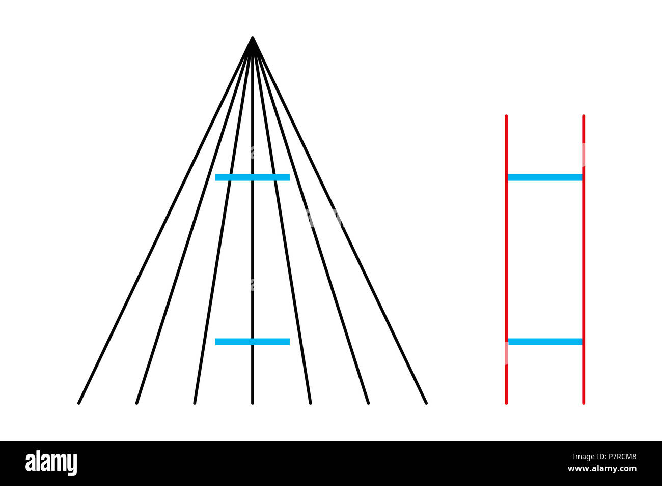 Ponzo geometrical optical illusion. Both blue horizontal lines are the same length. Illustration. Stock Photo