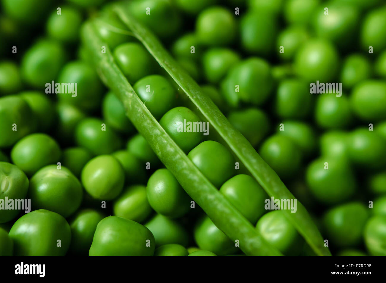 Green pea pod on top of green peas Stock Photo