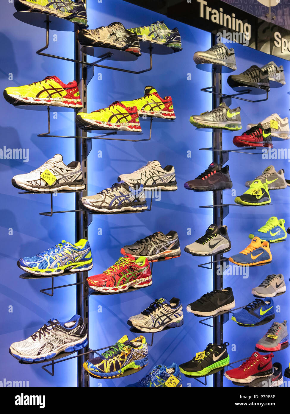 Athletic Footwear Wall, Modell's Sporting Goods Store Interior, NYC Stock Photo