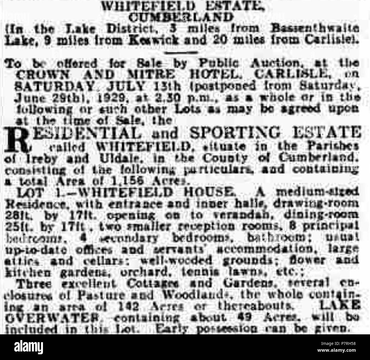 English Advertisement for the sale of Overwater Hall (then called