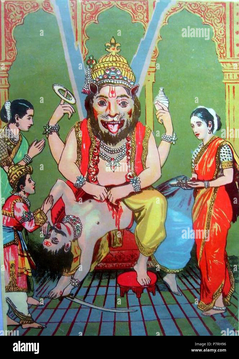 N/A. N/A 393 Vishnu's half-man half-tiger avatar, Narasimha, in a bazaar art print by the Ravi Varma Stock Photo