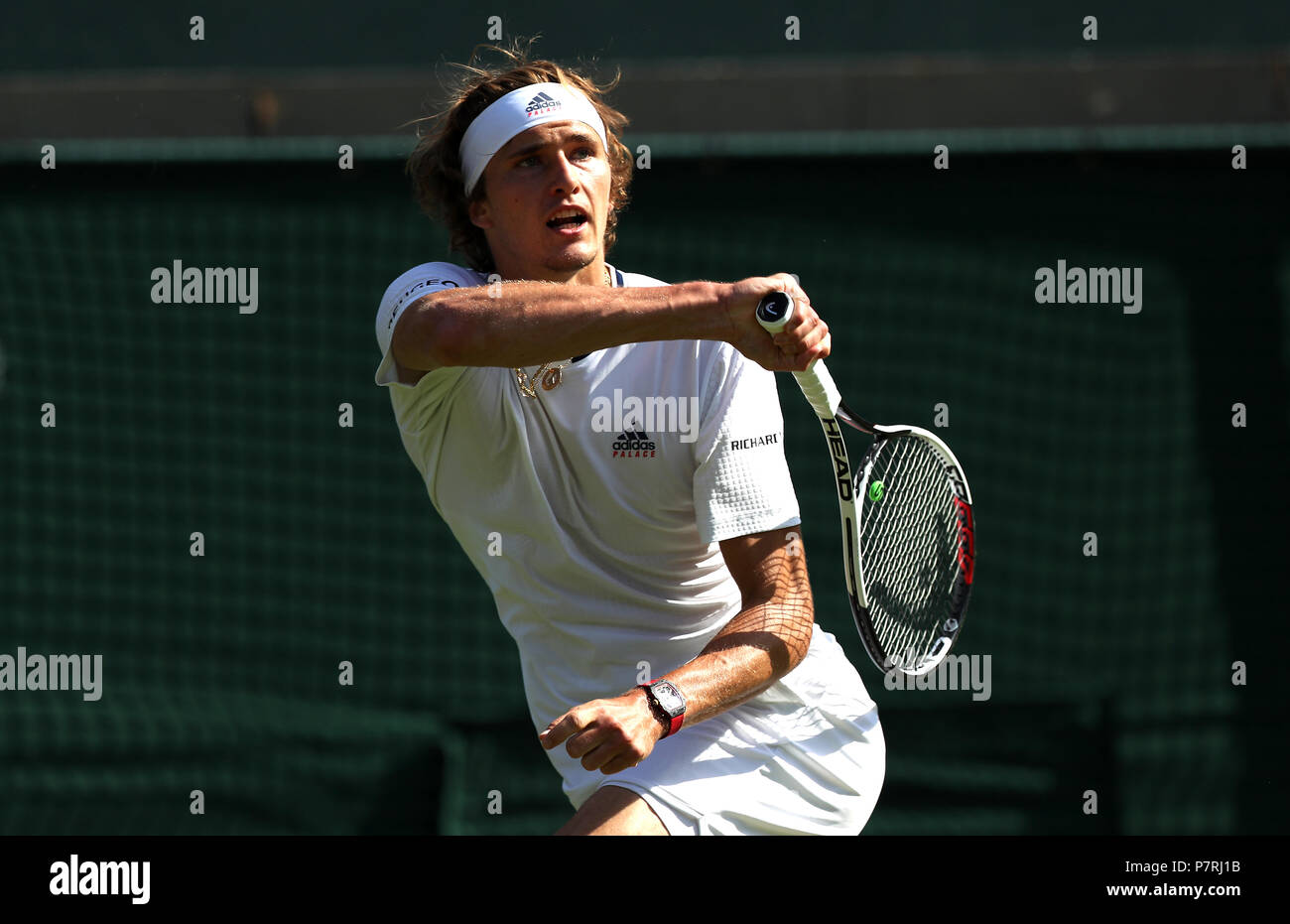 Alexander Zverev in action on day six of the Wimbledon Championships at the All England Lawn Tennis and Croquet Club, Wimbledon. PRESS ASSOCIATION Photo. Picture date: Saturday July 7, 2018. See PA story TENNIS Wimbledon. Photo credit should read: Jonathan Brady/PA Wire. Stock Photo