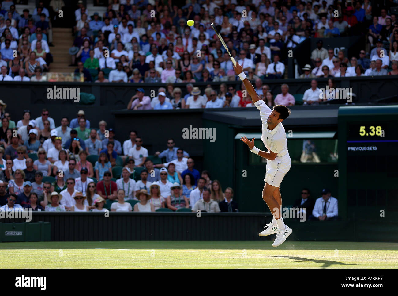 Novak Djokovic in action on day six of the Wimbledon Championships at the All England Lawn
