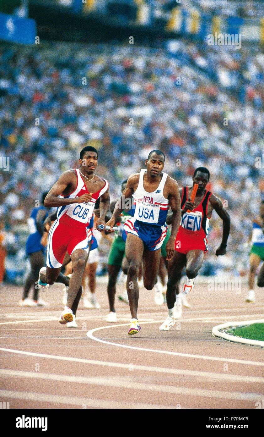 Atletismo. Final de 400m. relevos. Juegos Olímpicos Barcelona 1992. Stock Photo