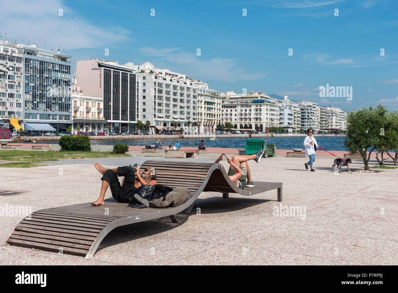 People relaxing at the Old Port on Thessaloniki waterfront with