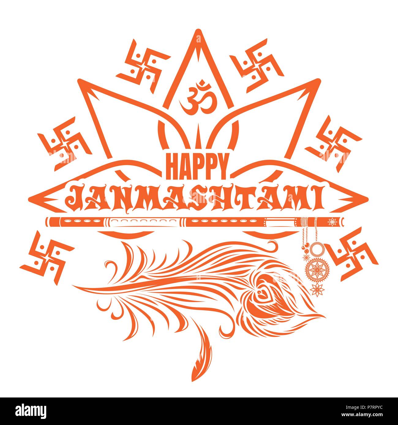 Krishna Janmashtami logo icon with swastika, peacock feather ...