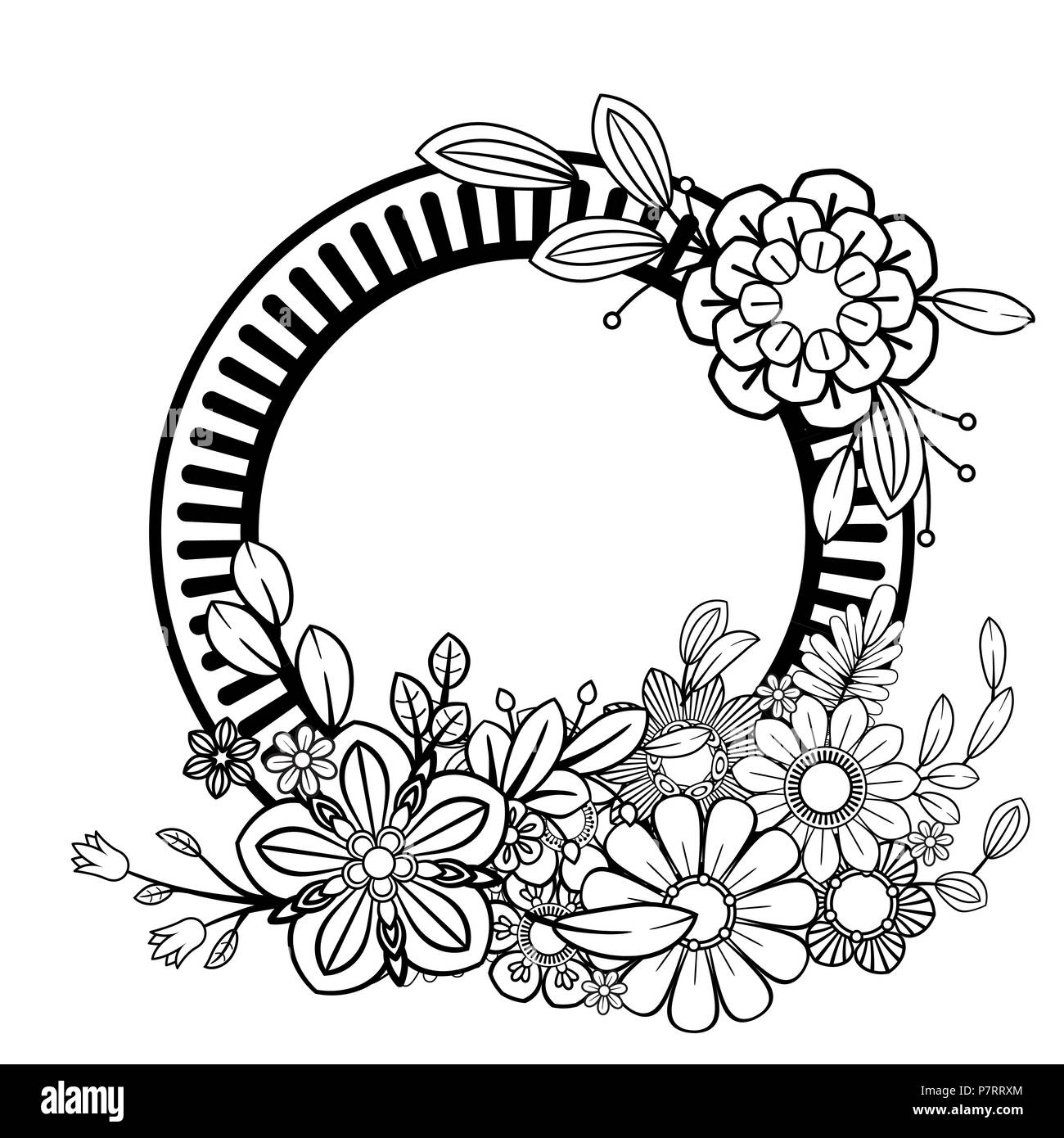 Flowers decorative frame. Isolated on white background. Floral monochrome ornament. Black and white vector illustration. Stock Vector