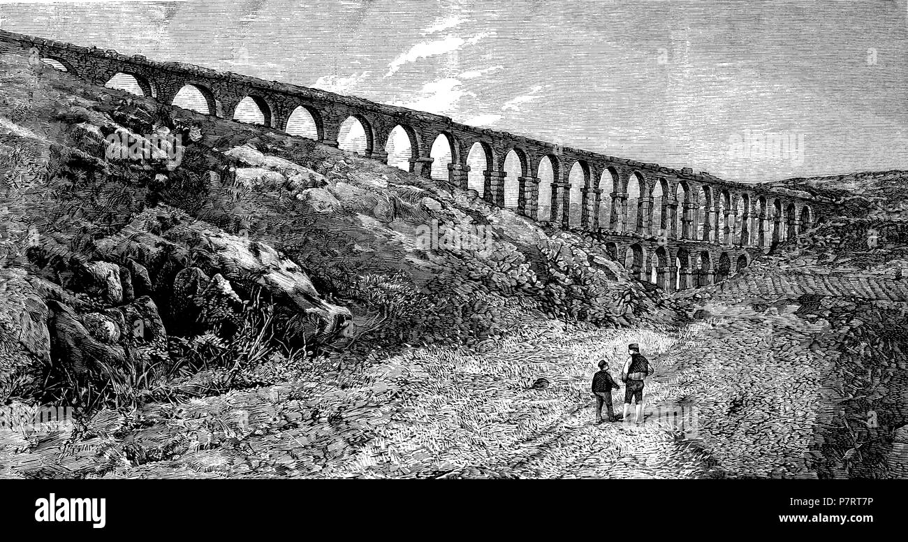 Tarragona. Acueducto romano, conocido como el puente del diablo. Grabado de 1874. Stock Photo