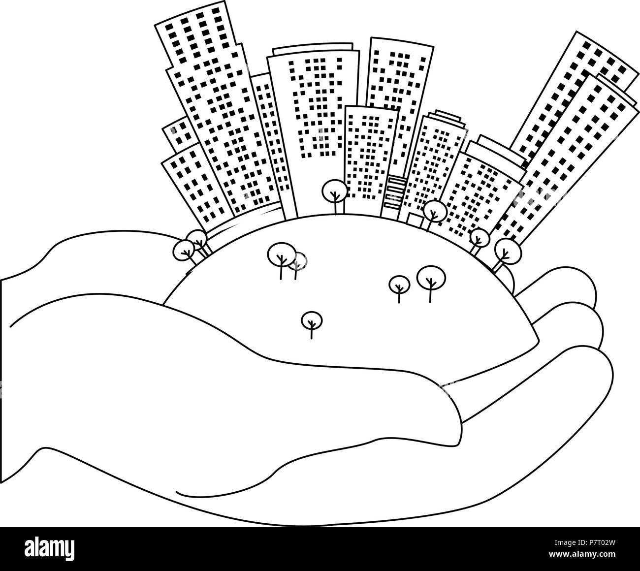 hands lifting half world with buildings Stock Vector