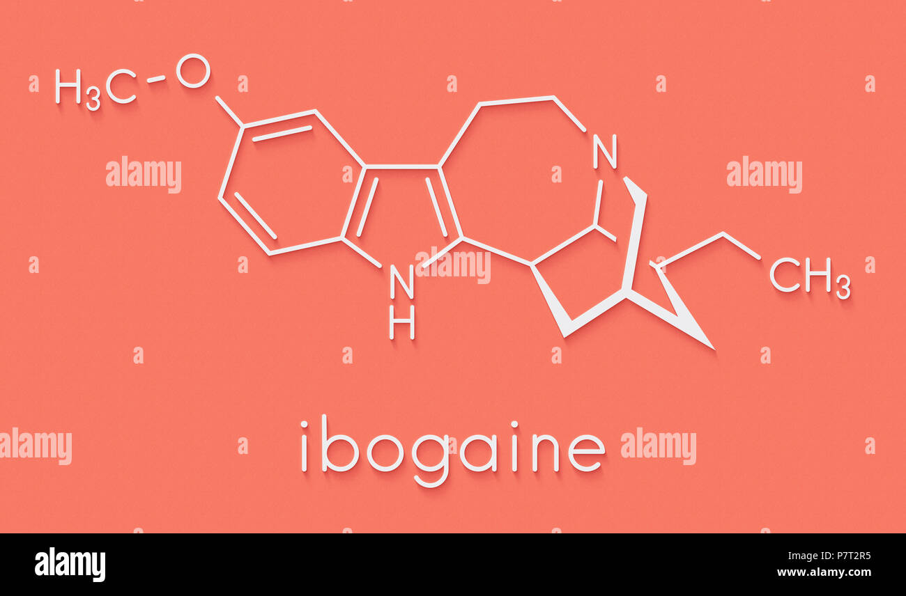 Ibogaine alkaloid molecule, found in Tabernanthe iboga. Skeletal formula. Stock Photo