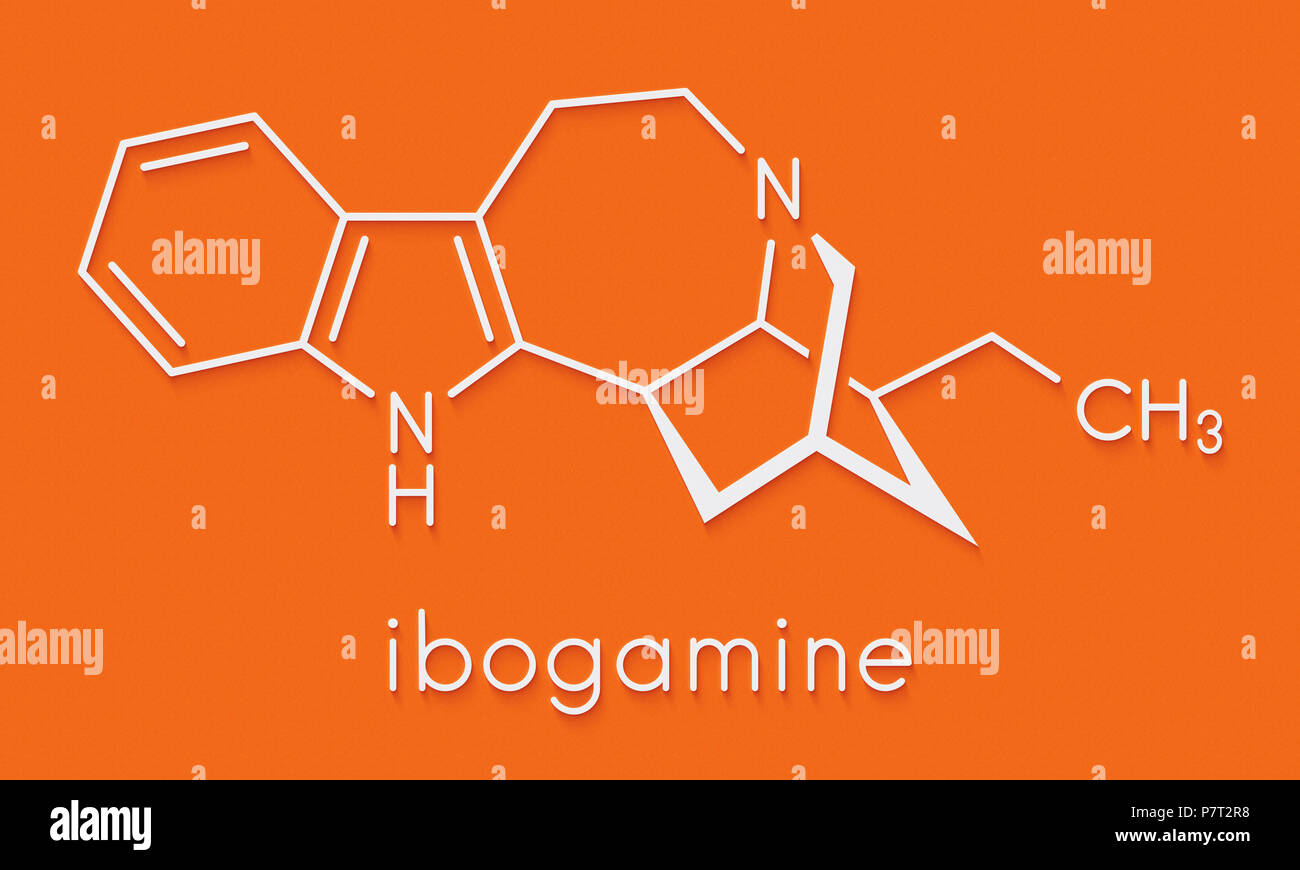 Ibogamine alkaloid molecule, found in Tabernanthe iboga. Skeletal formula. Stock Photo