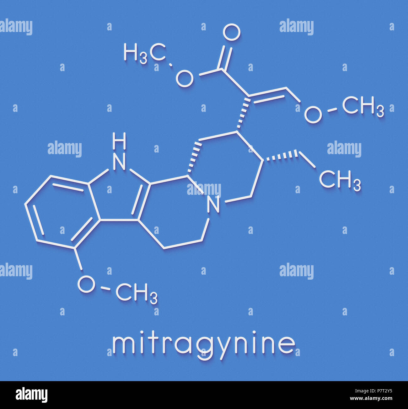 Mitragynine molecule. Herbal alkaloid present in kratom (ketum, Mitragyna speciosa). Skeletal formula. Stock Photo