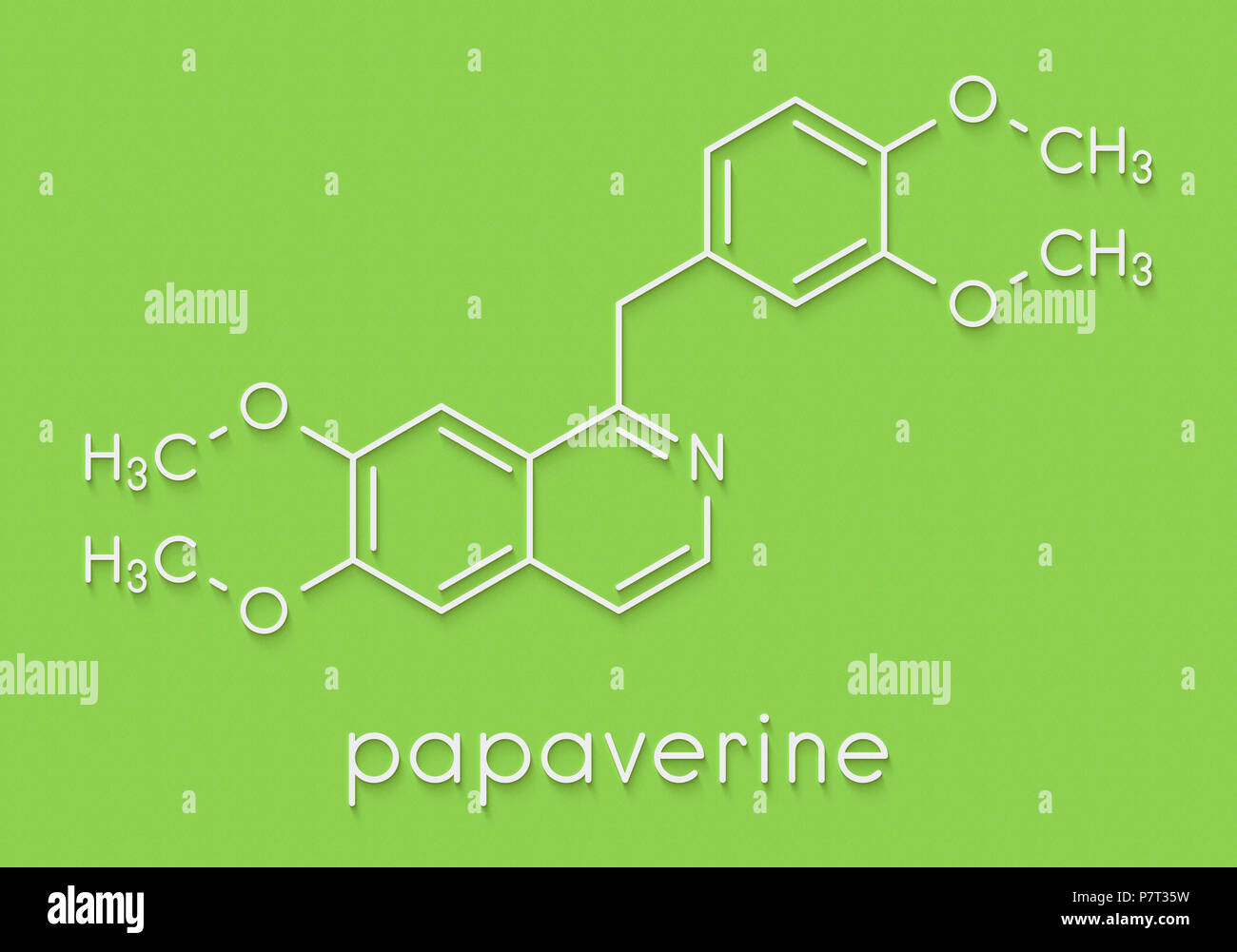 Papaverine opium alkaloid molecule. Used as antispasmodic drug. Skeletal formula. Stock Photo