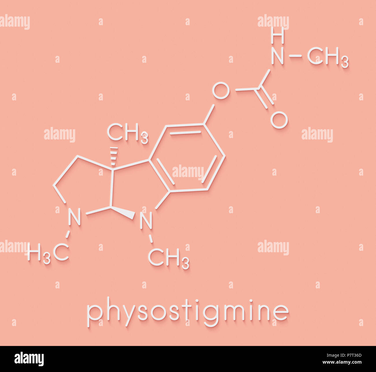 Physostigmine alkaloid molecule. Present in calabar bean and manchineel tree, acts as acetylcholinesterase inhibitor. Skeletal formula. Stock Photo