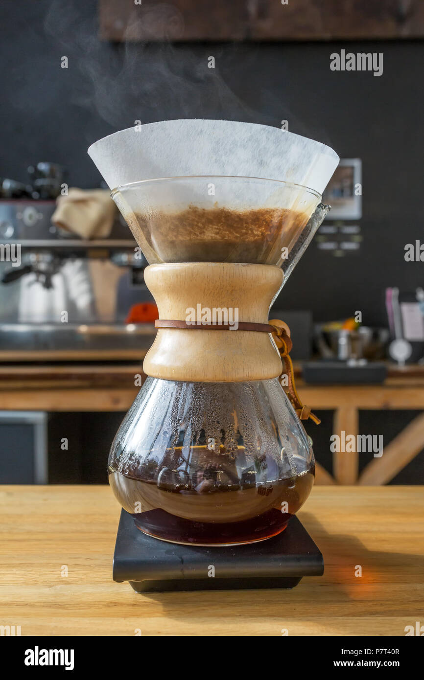 Close-up of brewing coffee in chemex Stock Photo