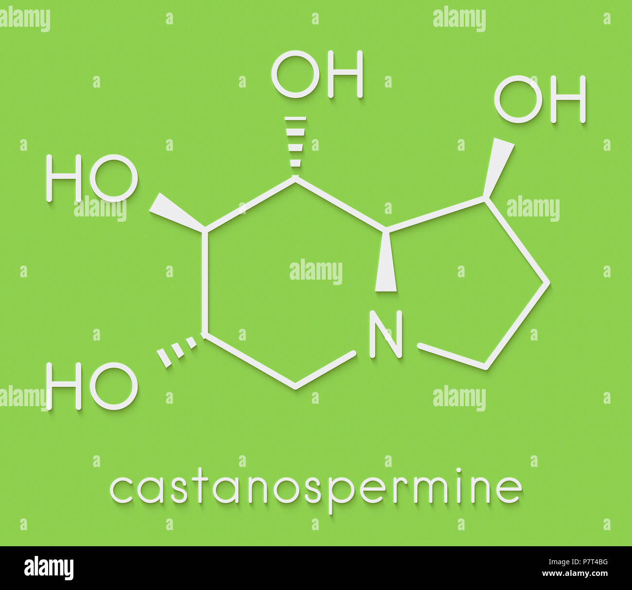 Castanospermine alkaloid molecule. Isolated from Castanospermum australe. Skeletal formula. Stock Photo