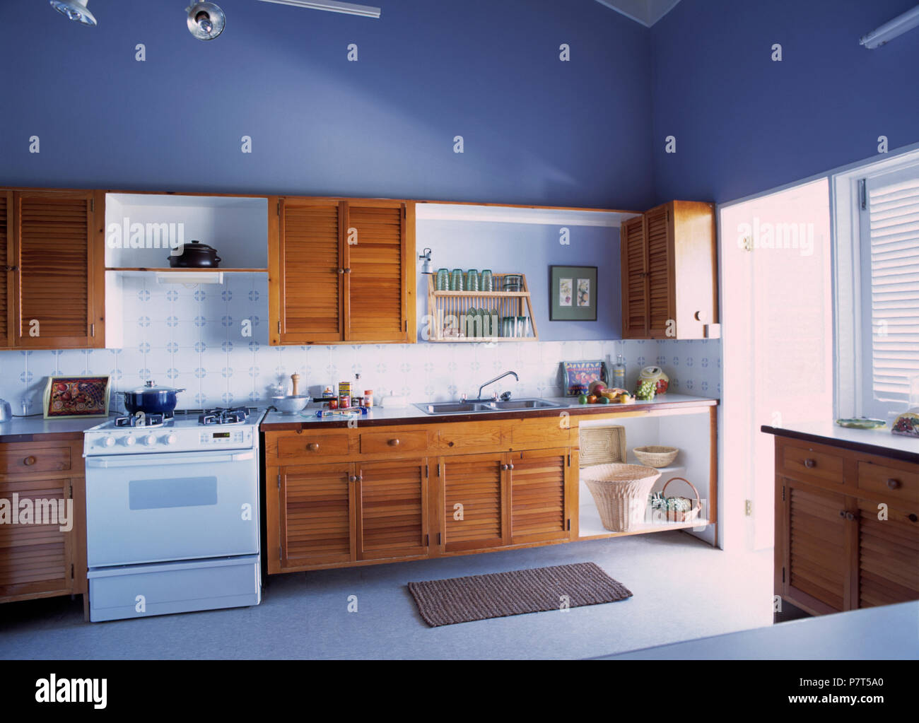 Kitchen with Blue Walls Stock Photo Alamy