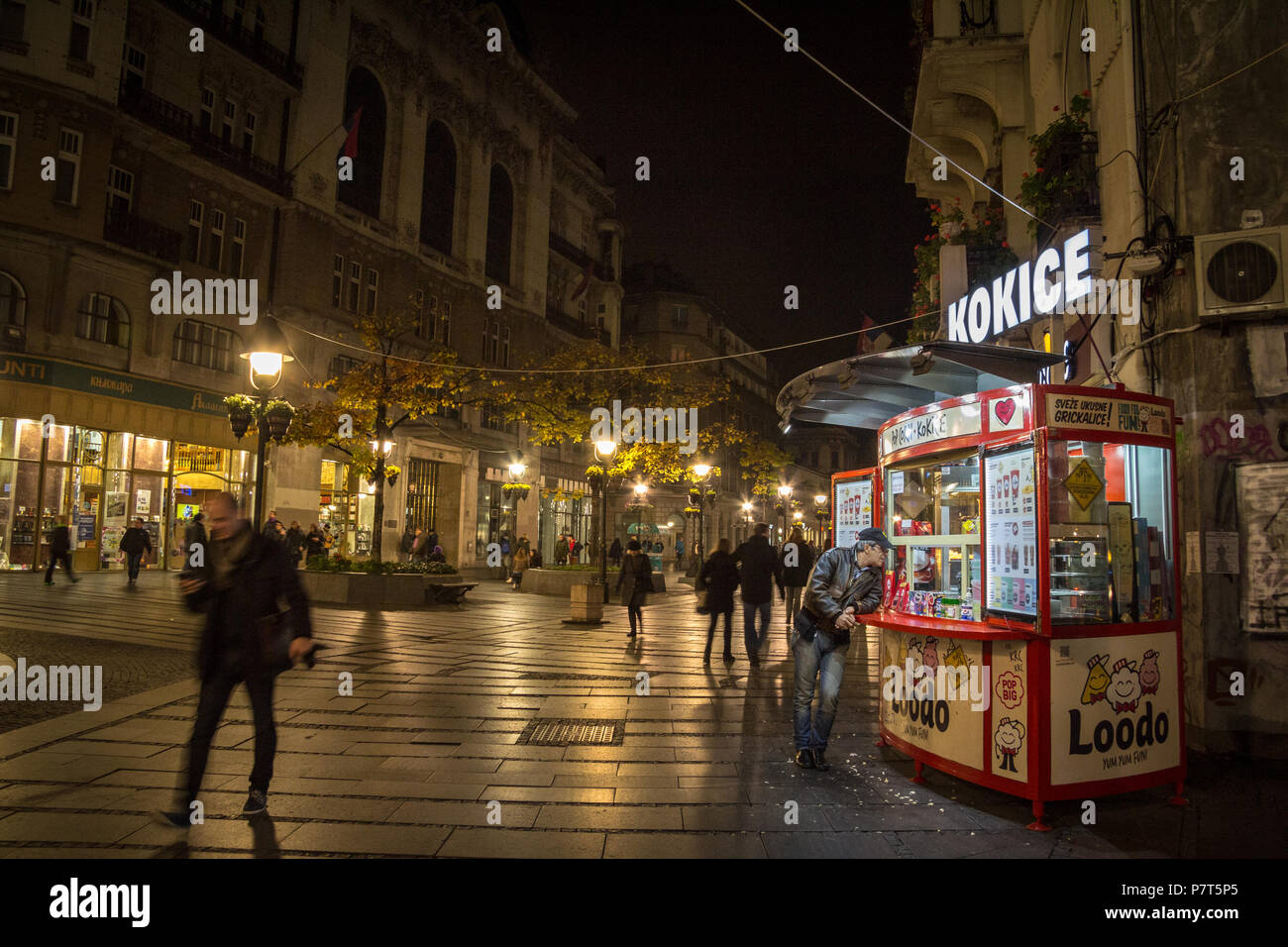 BELGRADE, SERBIA - OCTOBER 31, 2014: Popcorn tand (Kokice) on Kneza Mihailova street at night. Also known as Knez Mihaila, this is the main pedestrian Stock Photo