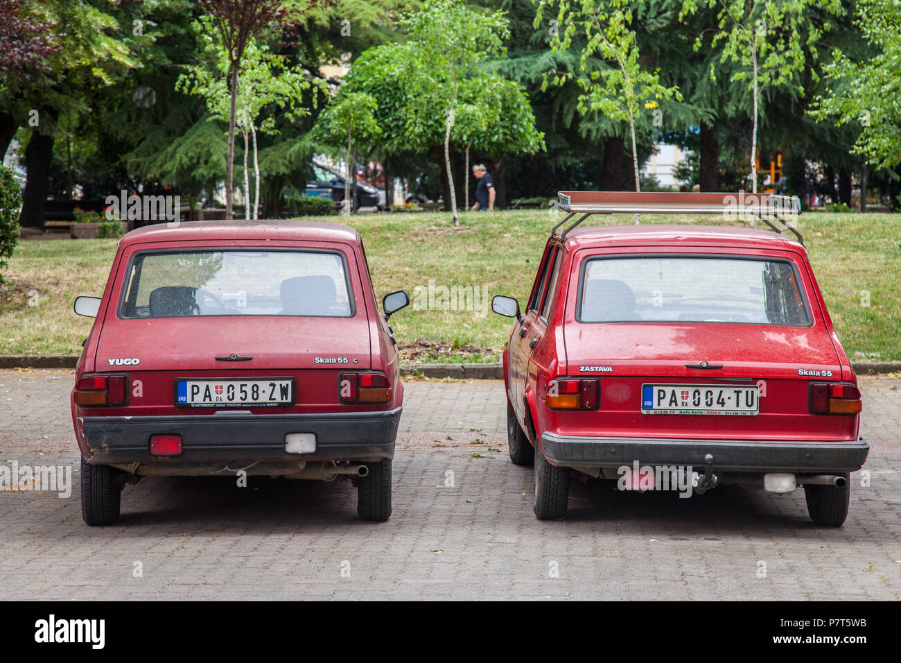 PANCEVO, SERBIA - JUNE 9, 2018: Two Zastava and Yugo 55 red cars parked. Also known as Skala, it is a generic name for a family of cars built by Serbi Stock Photo