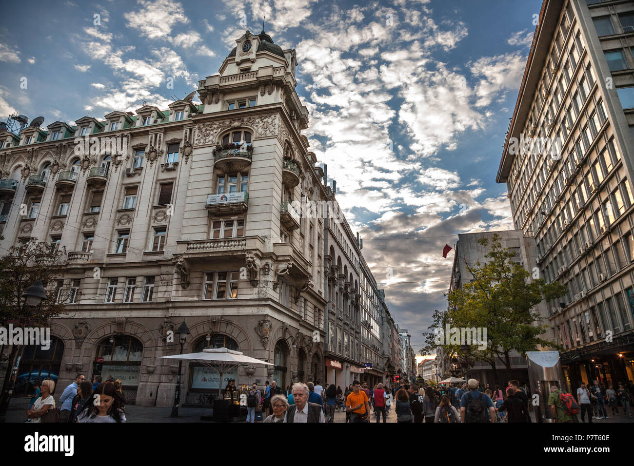 BELGRADE, SERBIA - JUNE 23, 2018: Kneza Mihailova street at dawn, crowded, with Ruski Car cafe in front. Also known as Knez Mihaila, this is the main  Stock Photo