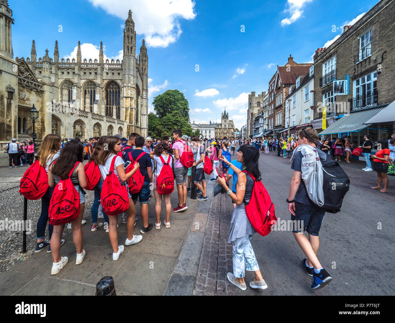 Cambridge Tourism - A School Tour group in the Historic Centre of Cambridge, near Kings College Chapel Stock Photo