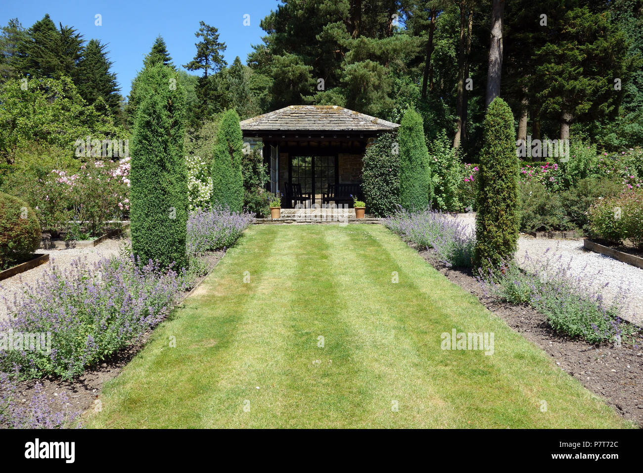 The Lawn & Summerhouse in the Rose Garden at Parcevall Hall Gardens, Skyreholme, Appletreewick,Wharfedale, Yorkshire, England,UK. Stock Photo