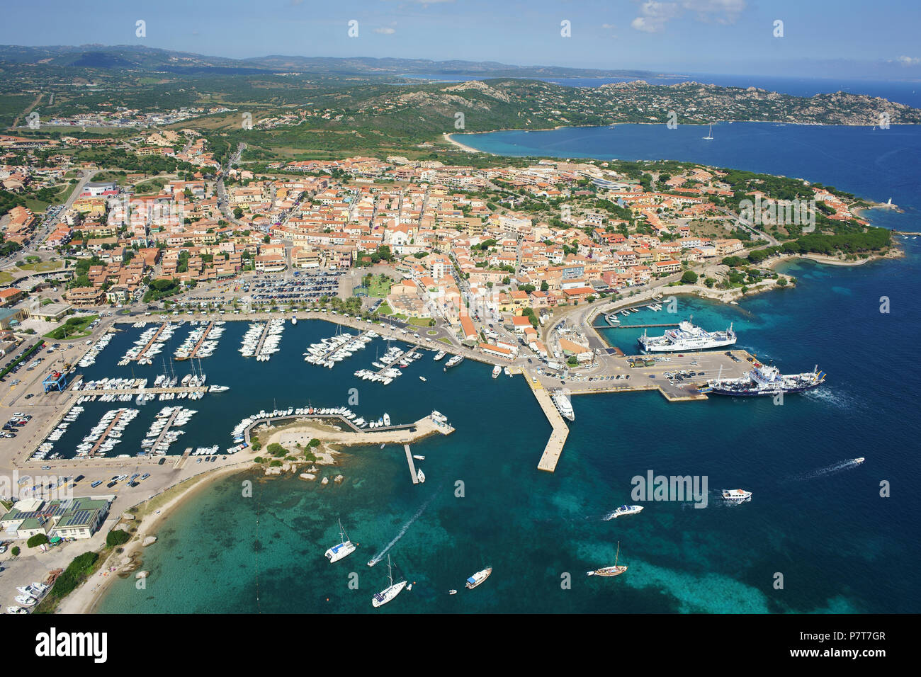 AERIAL VIEW. City of Palau with its marina. Province of Sassari, Sardinia, Italy. Stock Photo