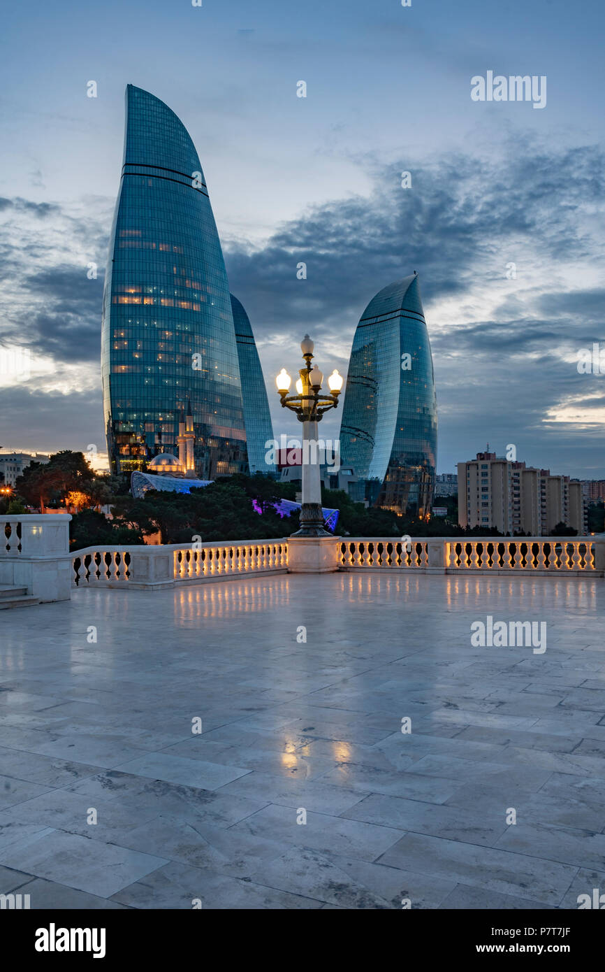 The Flame Towers at night from the Dagustu Park in Baku,Azerbaijan Stock Photo