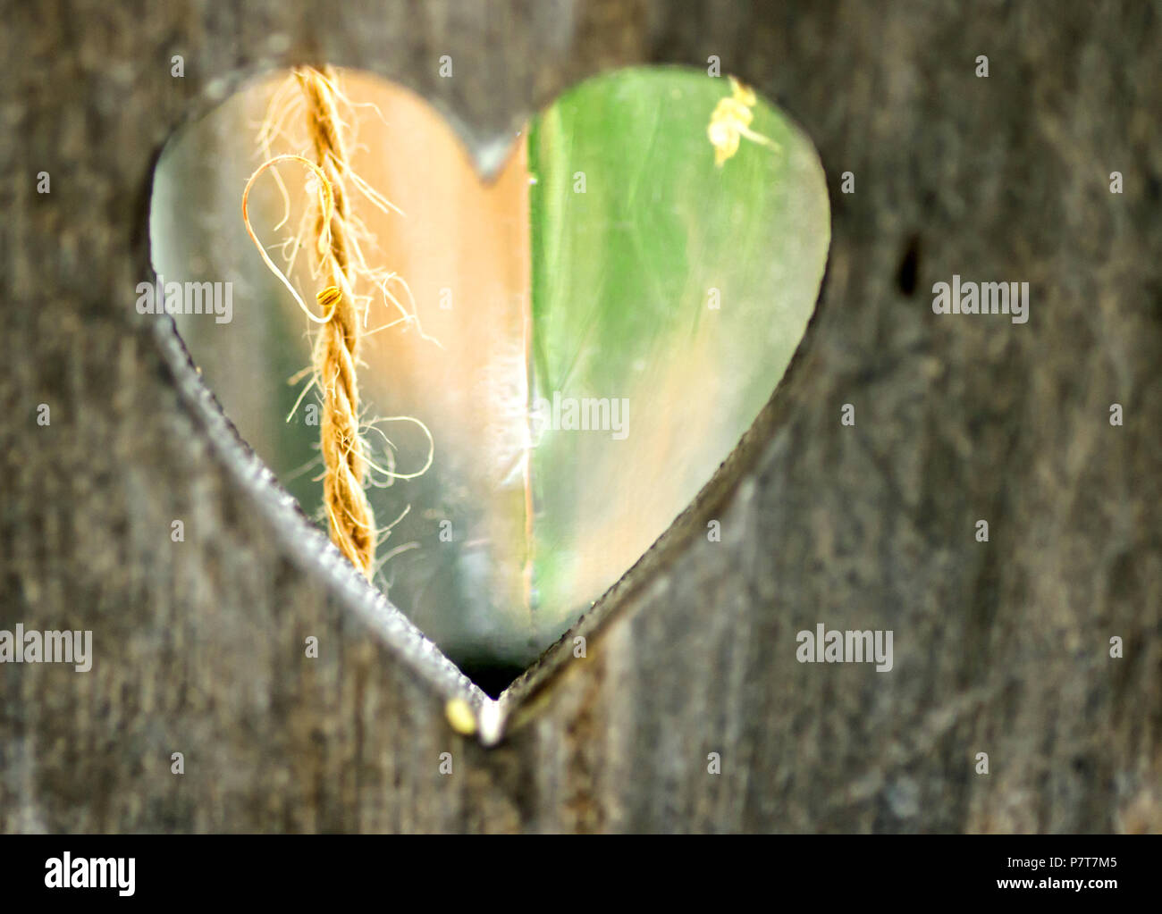 Hearth shaped hole in old wood Stock Photo