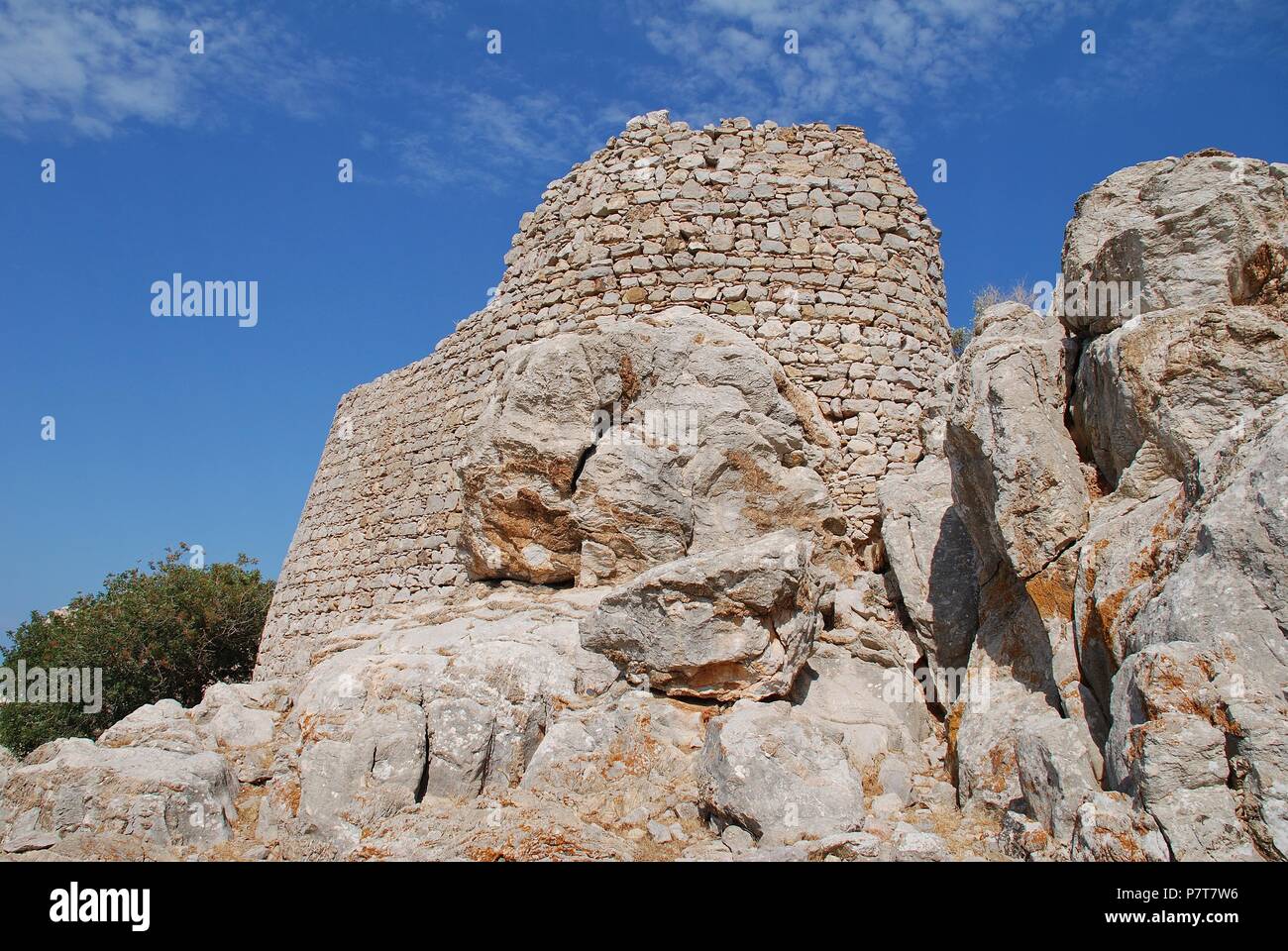 The remains of the Crusader Knights castle above Mikro Chorio on the Greek island of Tilos. Stock Photo
