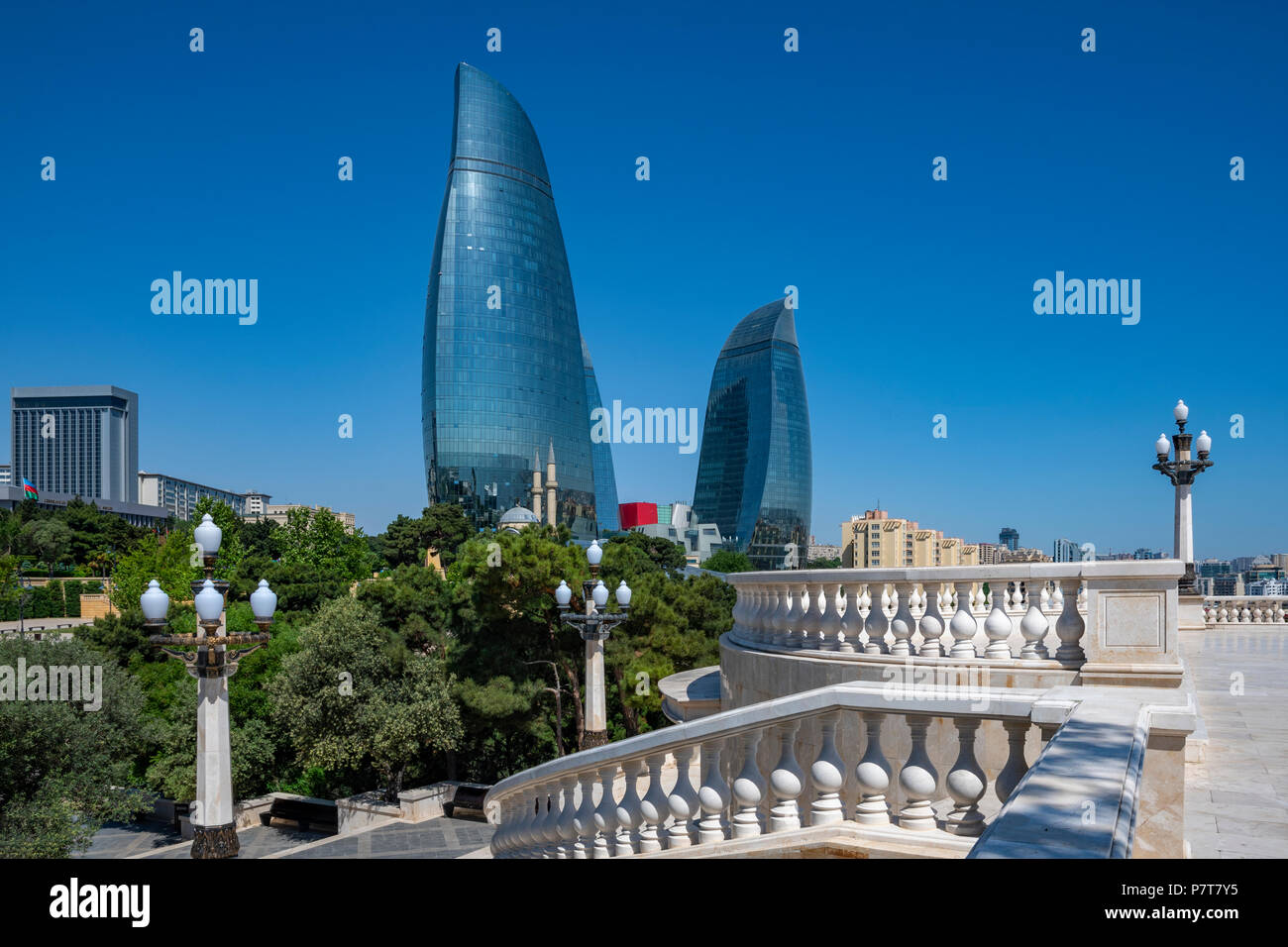 The Flame Towers seen from the Dagustu Park in Baku,Azerbaijan Stock Photo