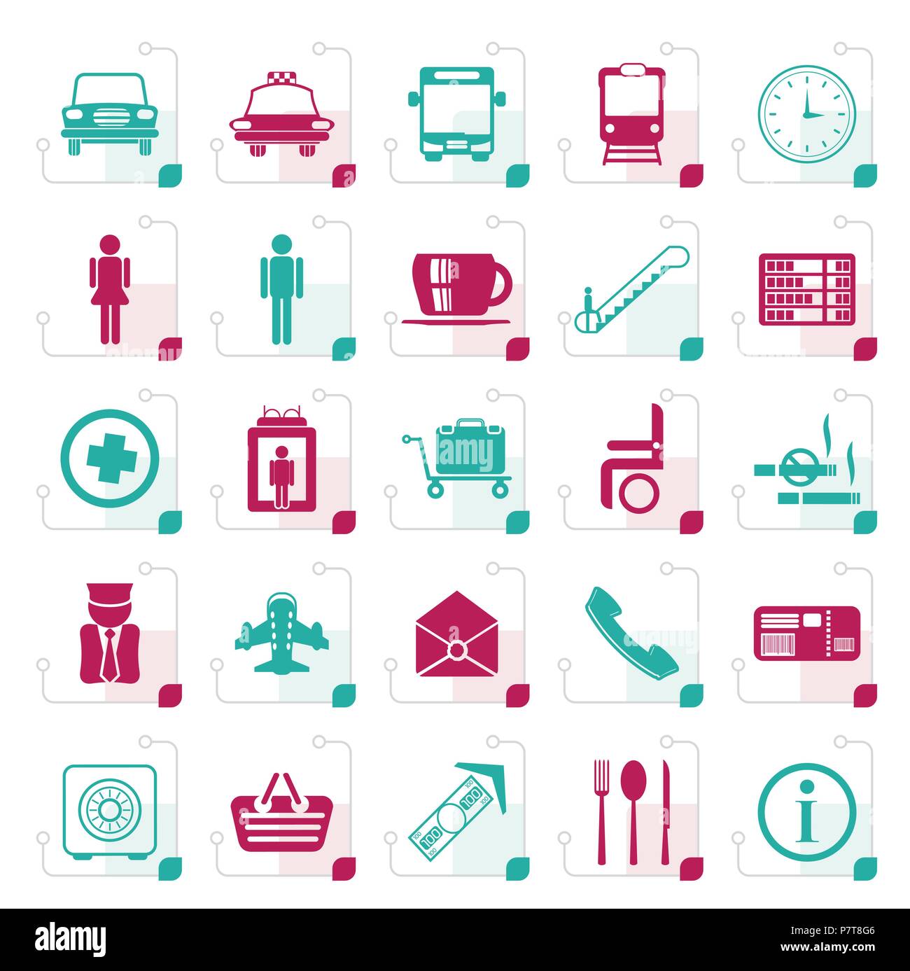 Stylized Airport, travel and transportation - vector icon set Stock Vector