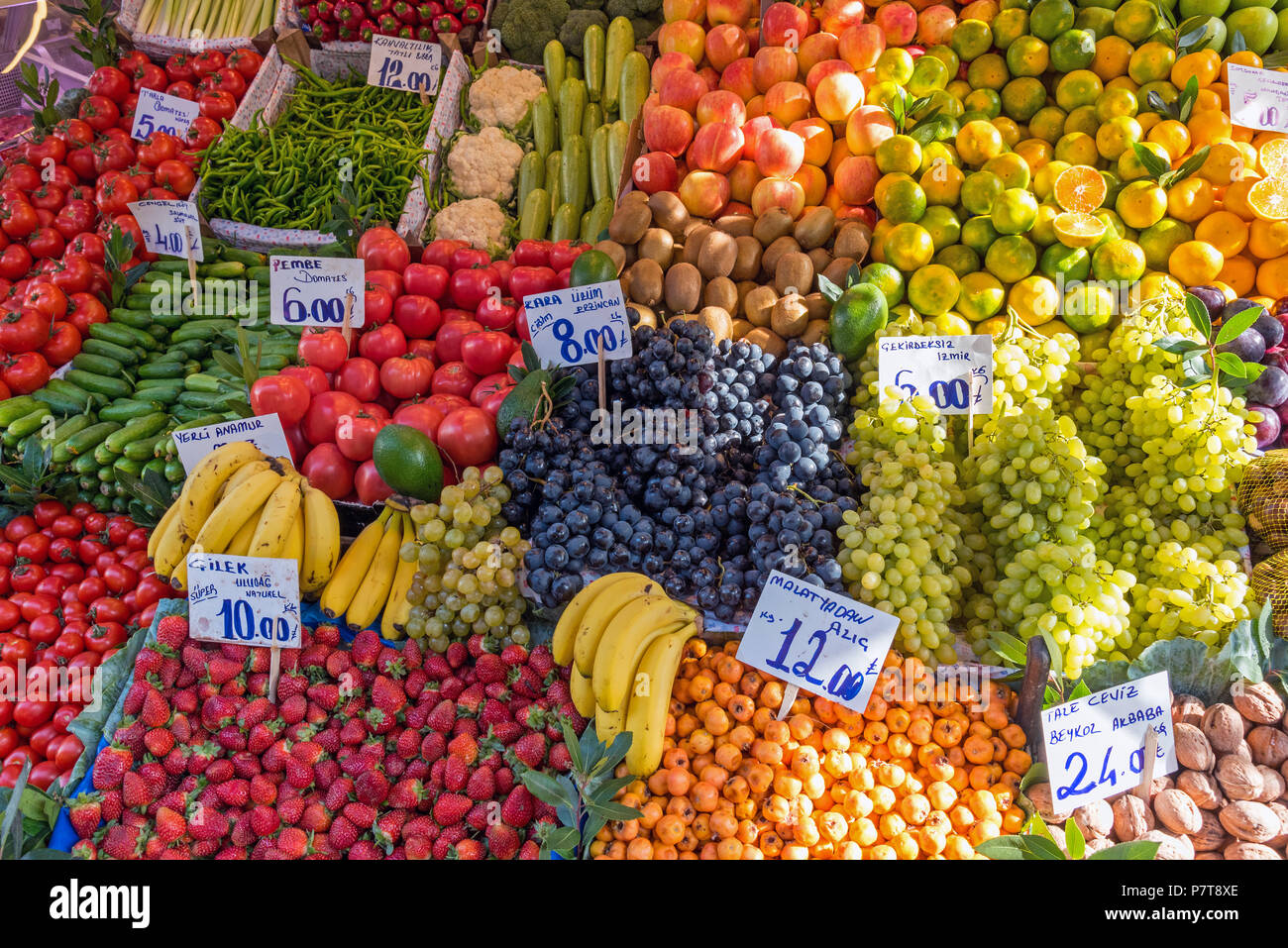 Piles of fruits and vegetables for sale at a market in Istanbul, Turkey