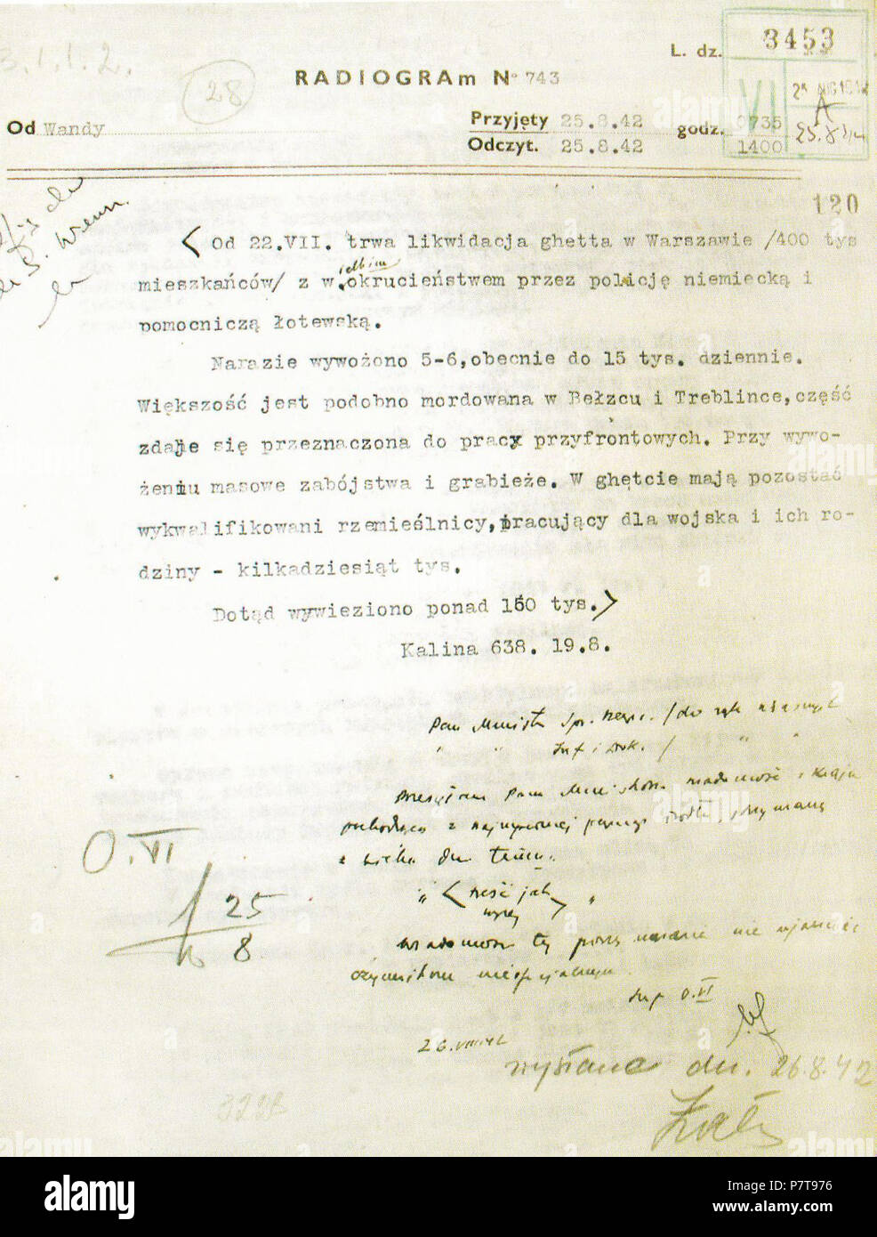 N/A. N/A 399 Wielka akcja likwidacyjna getta warszawskiego Radiogram Stefana Grota-Roweckiego z 25 sierpnia 1942 Stock Photo