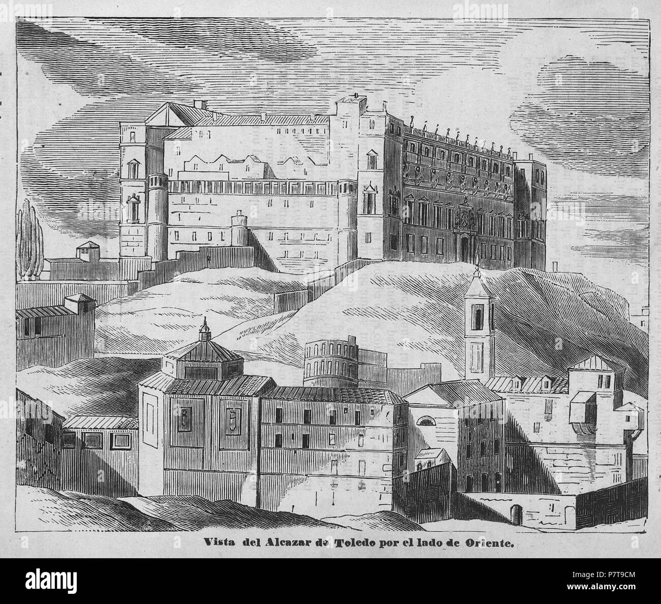 3 1845, Toledo pintoresca o Descripción de sus mas célebres monumentos, Vista del alcázar de Toledo por el lado de oriente Stock Photo