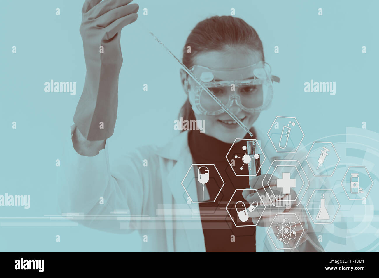 Scientist medical research lab healthcare with modern mix media design background. Stock Photo