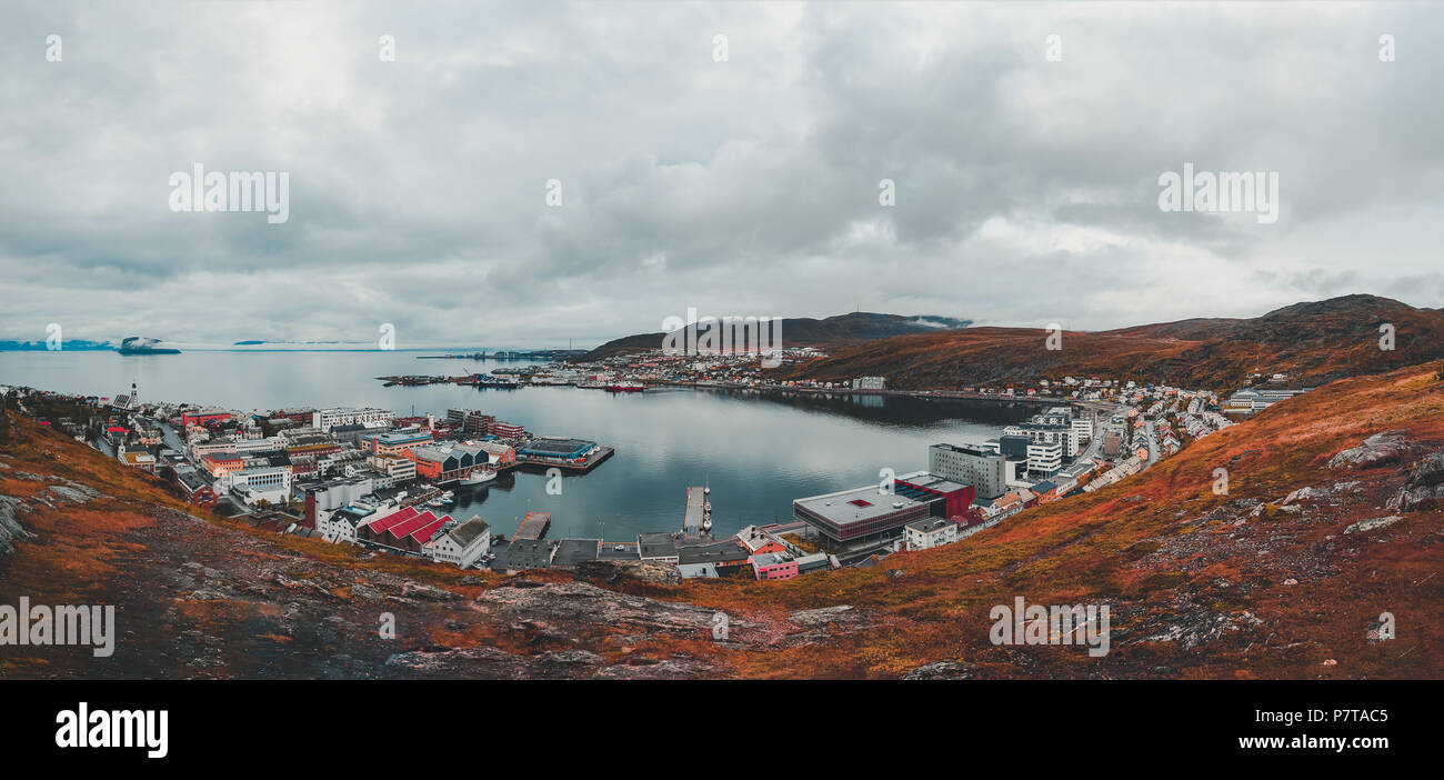 Hammerfest Norway, Panorama of the city and the bay with cloudy weather taken from the surrounding hills Stock Photo